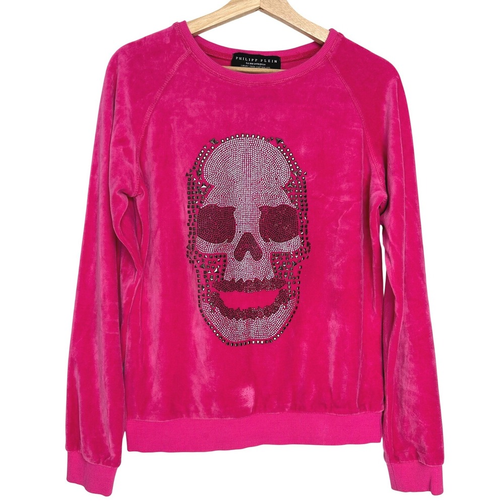 RARE Philipp Plein Velour Sweatshirt with Crystal Studded Skull Pink XL‎
